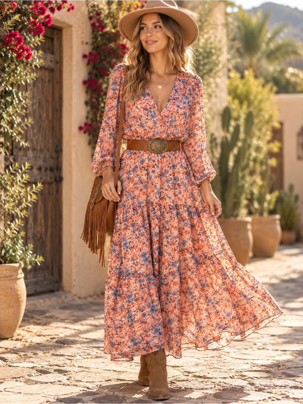 LUSH Floral Tiered Maxi Dress Small Boho Wrap V Neck Puff Sleeve